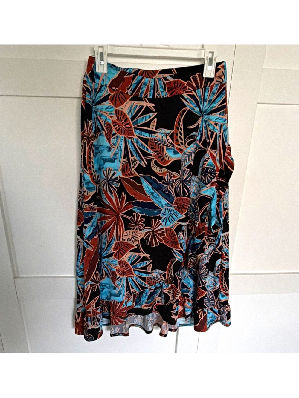 Vintage Robert Louis Black Midi Skirt with Teal & Rust Floral fall Print